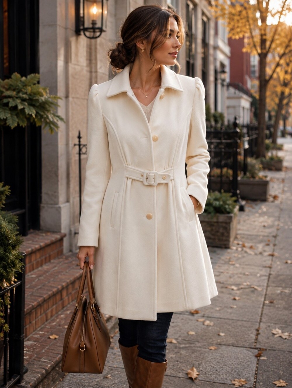 Ivory Wool Blend Belted Fit & Flare Coat Size 6
